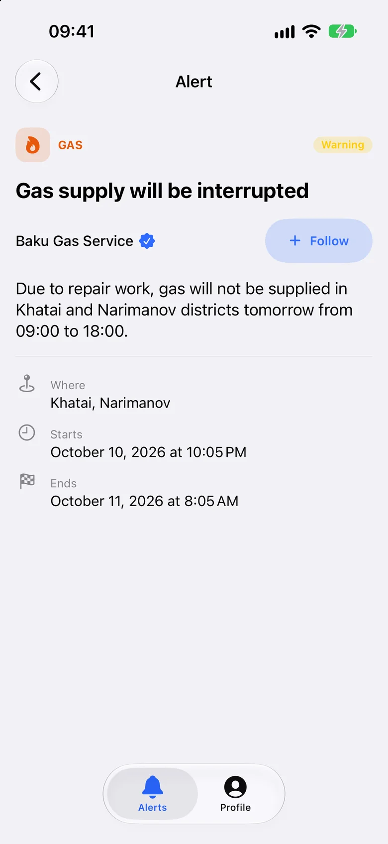 Details of a gas supply alert
