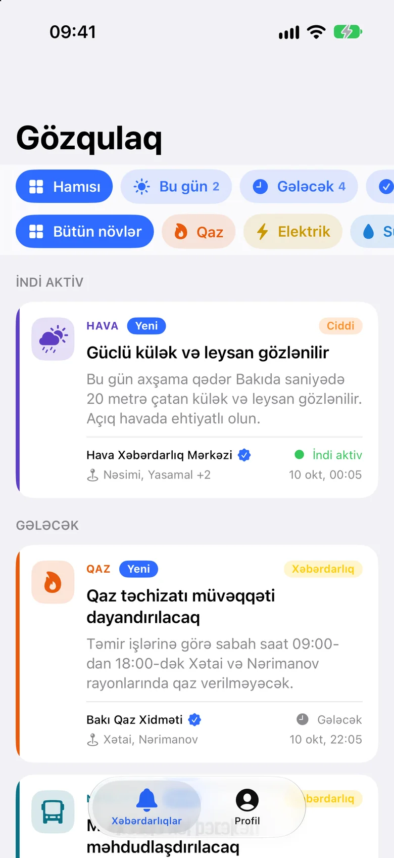 Gözqulaq tətbiqində xəbərdarlıqların siyahısı