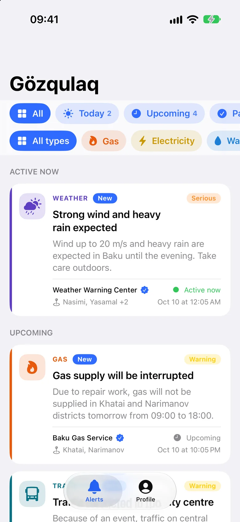 The list of alerts in the Gözqulaq app